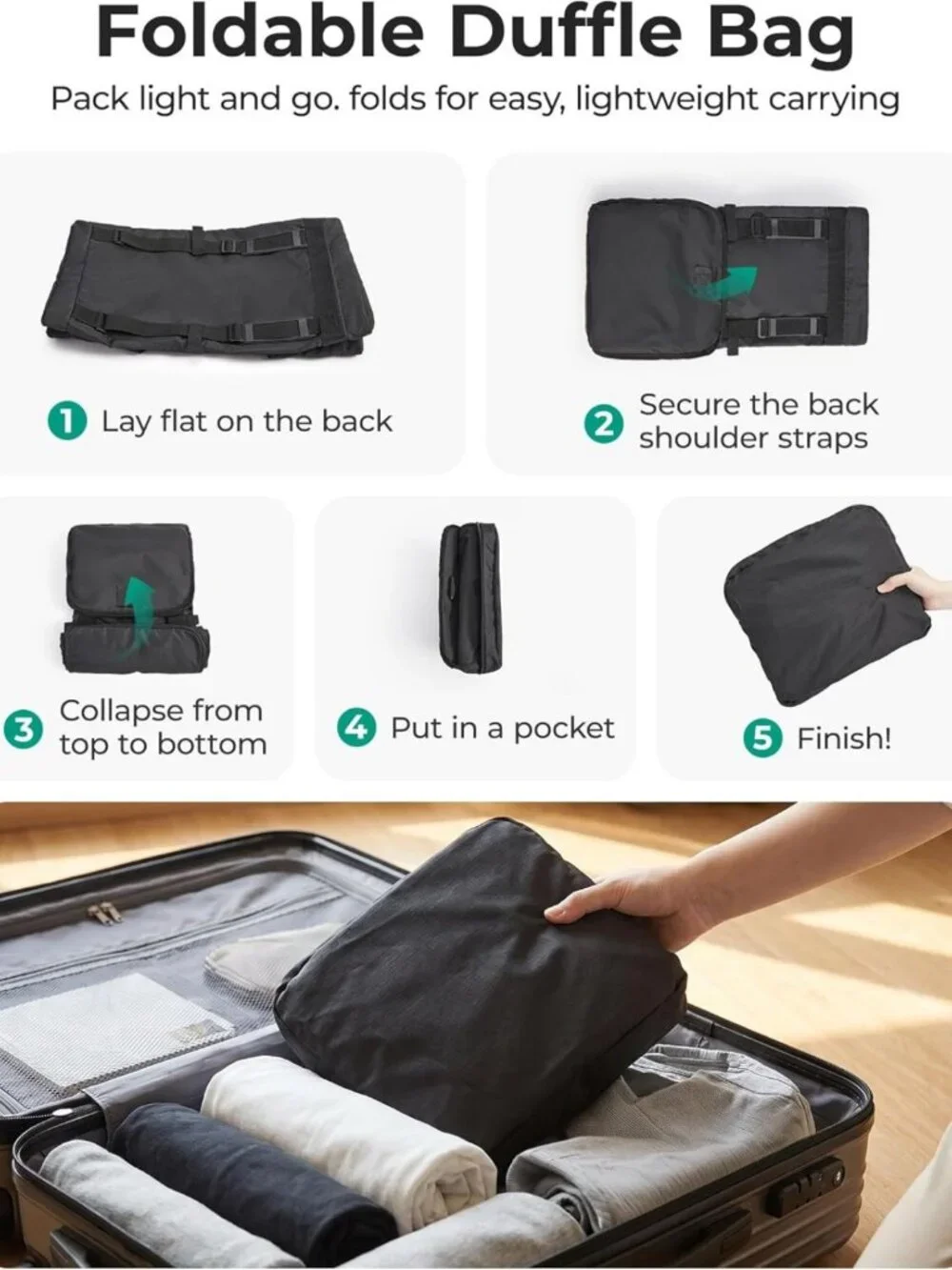 60L Foldable Duffle Bag - Large Travel Backpack & Weekender Bag, Army Green